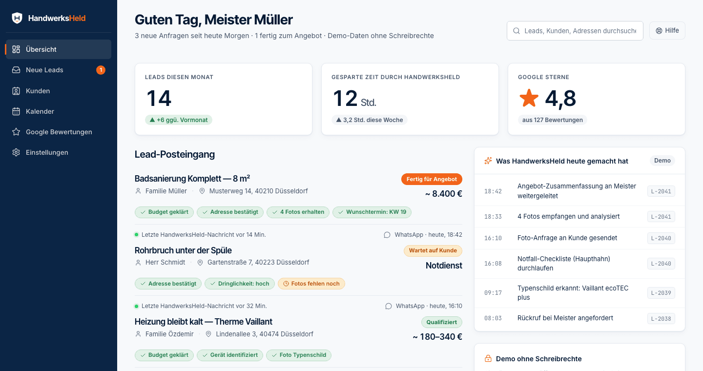 HandwerksHeld Dashboard mit Auftrags-Posteingang, Kennzahlen und Aktivitäten